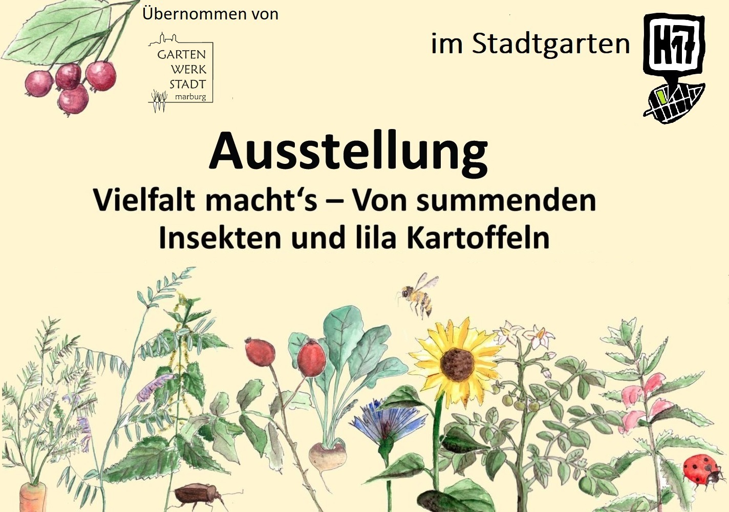 Mehr über den Artikel erfahren Neue AUSSTELLUNG in der H17: Vielfalt macht´s – Von summenden Insekten und lila Kartoffeln